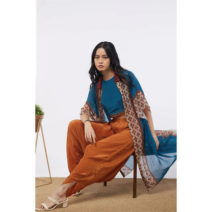 Soup by Sougat Paul Blue & Orange Elements Printed Crop Top and Dhoti with Jacket (Set of 3)