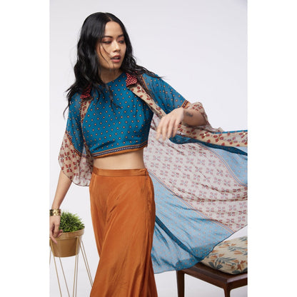 Soup by Sougat Paul Blue & Orange Elements Printed Crop Top and Dhoti with Jacket (Set of 3)