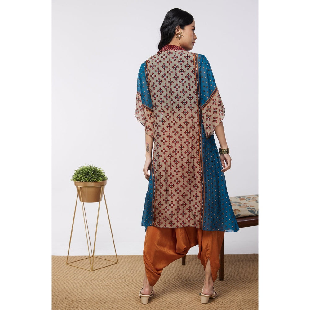 Soup by Sougat Paul Blue & Orange Elements Printed Crop Top and Dhoti with Jacket (Set of 3)