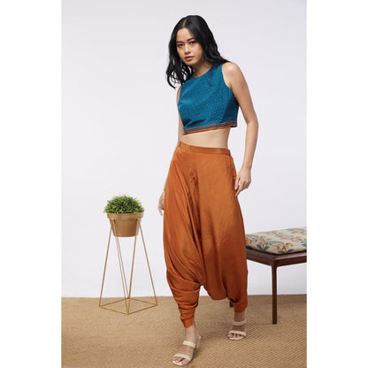 Soup by Sougat Paul Blue & Orange Elements Printed Crop Top and Dhoti with Jacket (Set of 3)