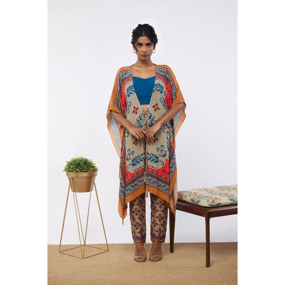 Soup by Sougat Paul Multi Elements Printed Crop Top Pant with Kaftan Style Jacket (Set of 3)