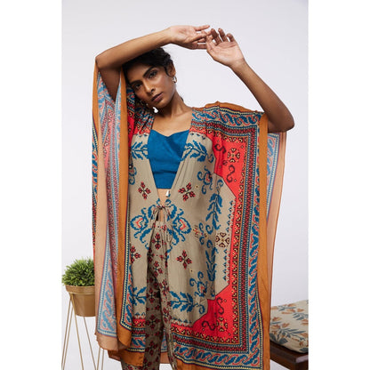 Soup by Sougat Paul Multi Elements Printed Crop Top Pant with Kaftan Style Jacket (Set of 3)