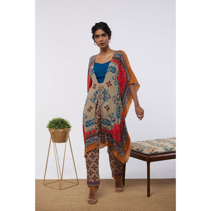 Soup by Sougat Paul Multi Elements Printed Crop Top Pant with Kaftan Style Jacket (Set of 3)