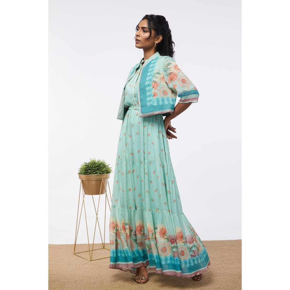 Soup by Sougat Paul Mint Blue Blooming Bud Floral Tiered Dress with Jacket (Set of 2)
