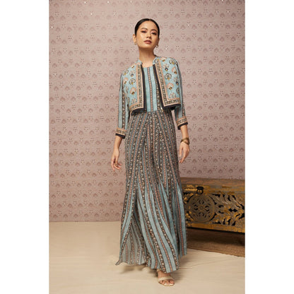 Soup by Sougat Paul Blue & Multi Sarouk Floral Jumpsuit with Jacket (Set of 2)