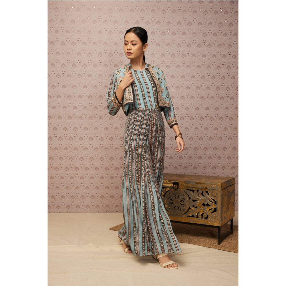 Soup by Sougat Paul Blue & Multi Sarouk Floral Jumpsuit with Jacket (Set of 2)