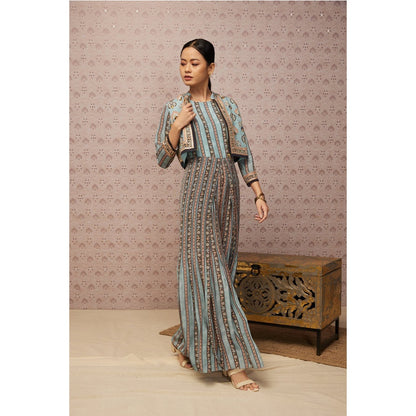 Soup by Sougat Paul Blue & Multi Sarouk Floral Jumpsuit with Jacket (Set of 2)