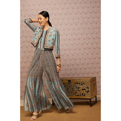 Soup by Sougat Paul Blue & Multi Sarouk Floral Jumpsuit with Jacket (Set of 2)