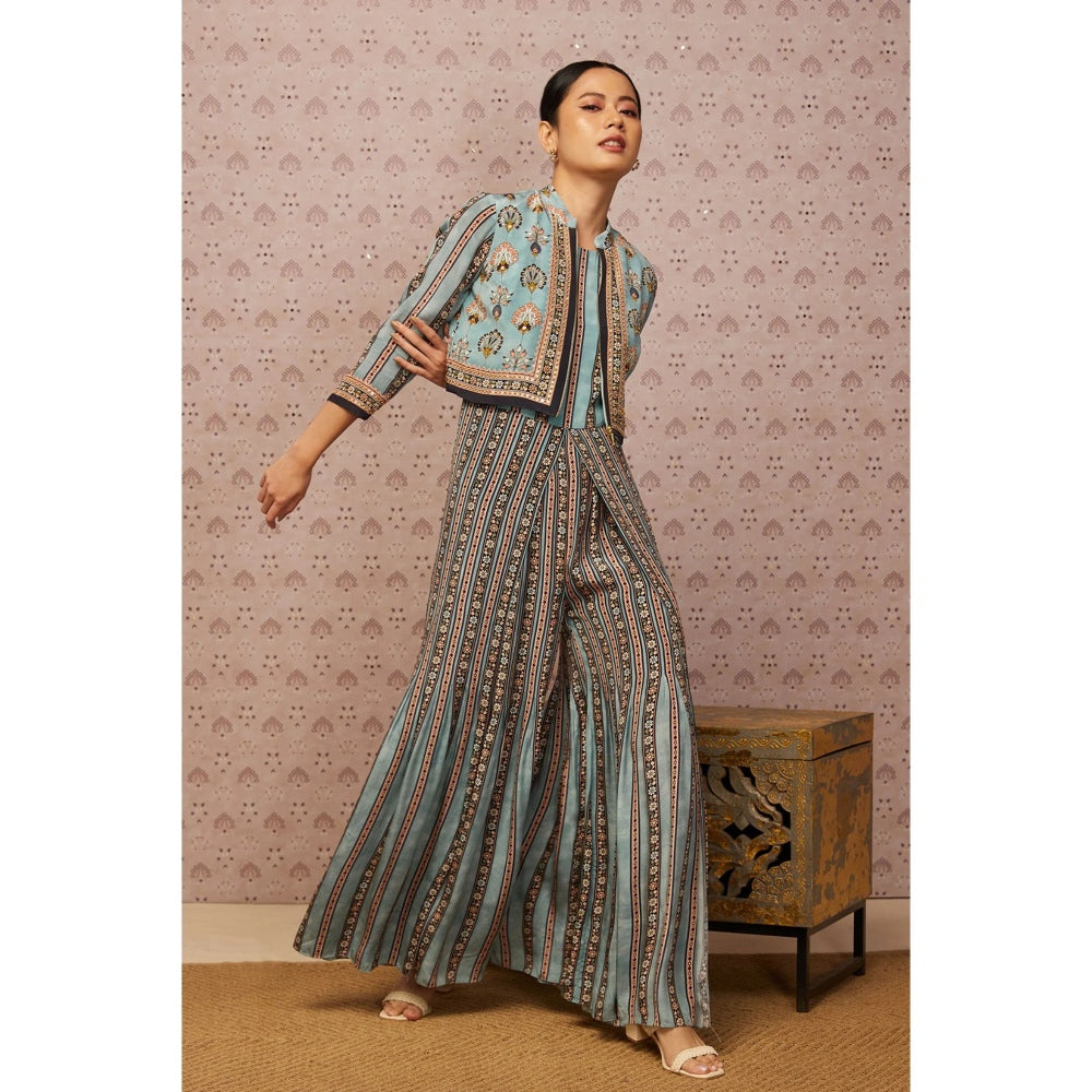 Soup by Sougat Paul Blue & Multi Sarouk Floral Jumpsuit with Jacket (Set of 2)