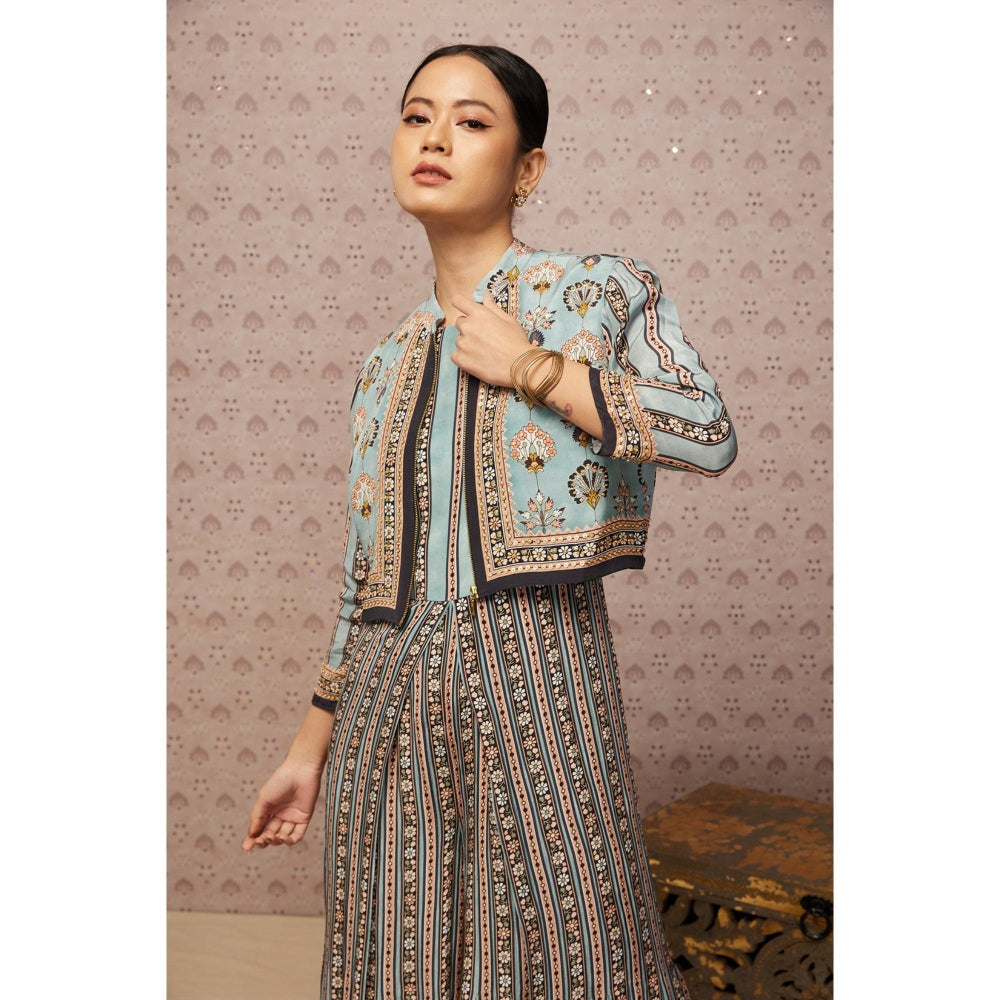 Soup by Sougat Paul Blue & Multi Sarouk Floral Jumpsuit with Jacket (Set of 2)