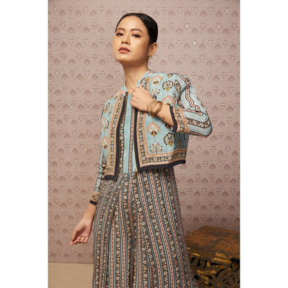 Soup by Sougat Paul Blue & Multi Sarouk Floral Jumpsuit with Jacket (Set of 2)