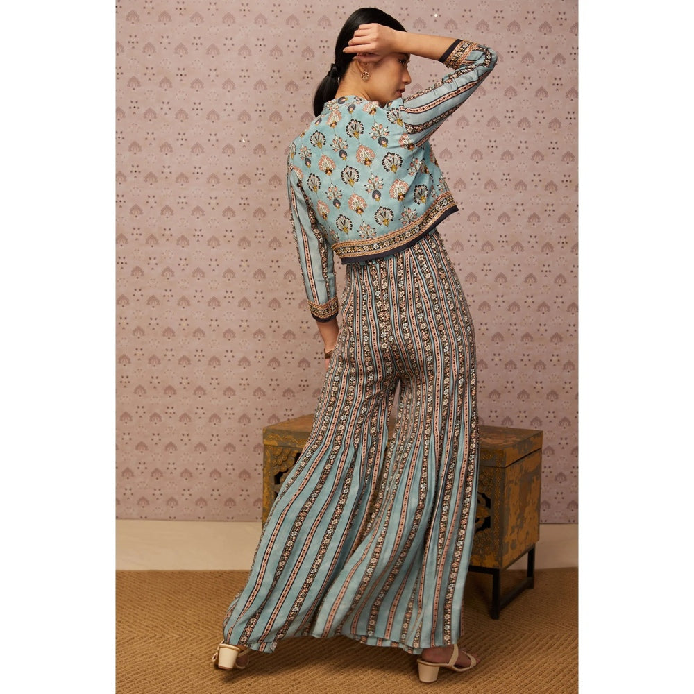 Soup by Sougat Paul Blue & Multi Sarouk Floral Jumpsuit with Jacket (Set of 2)