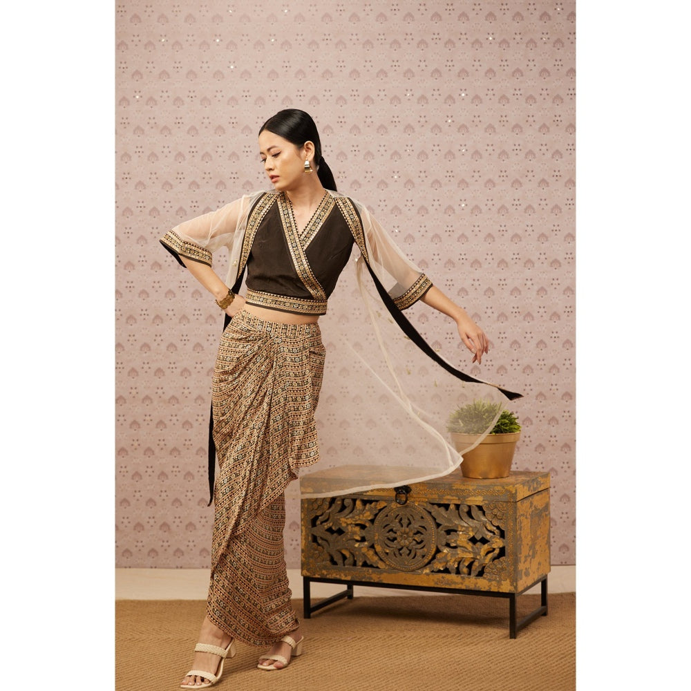 Soup by Sougat Paul Black & Multi Sarouk Floral Crop Top with Drape Skirt & Jacket (Set of 3)