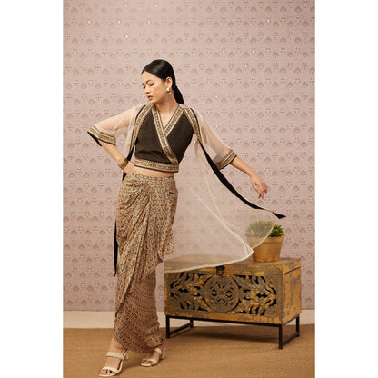 Soup by Sougat Paul Black & Multi Sarouk Floral Crop Top with Drape Skirt & Jacket (Set of 3)