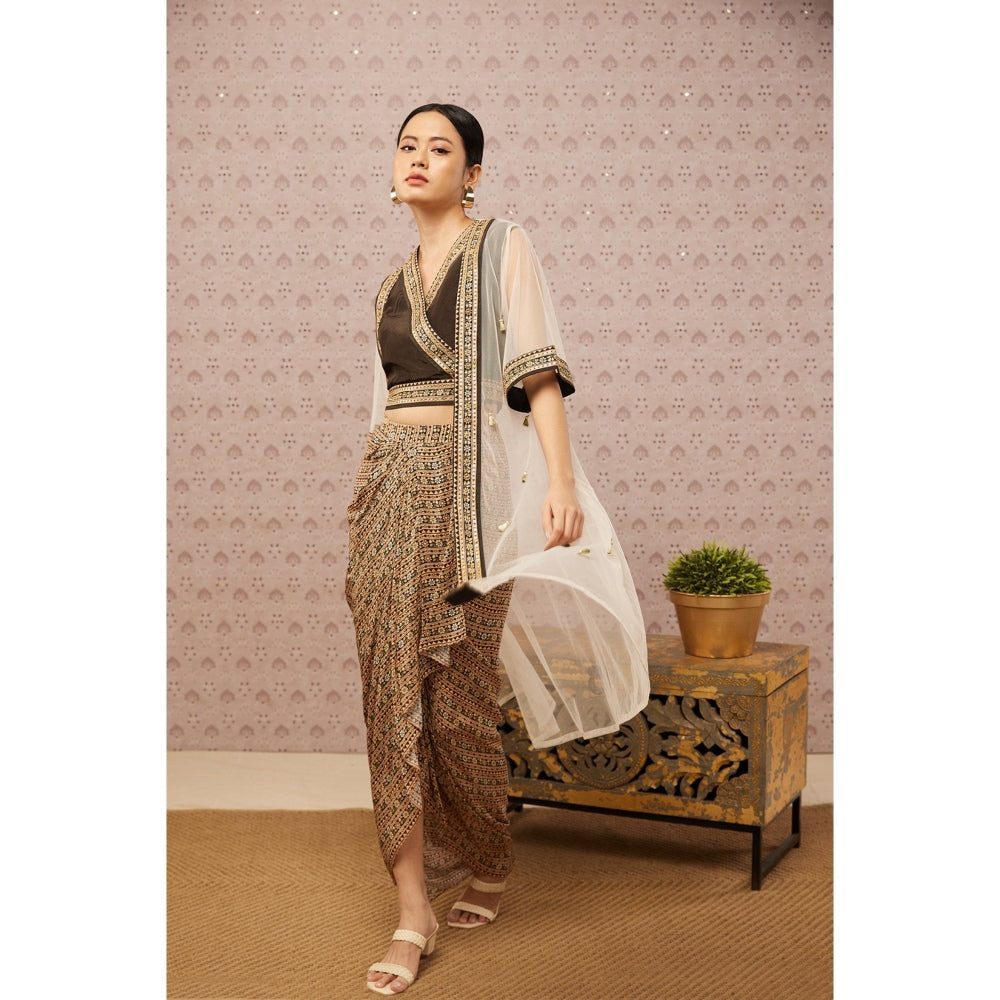 Soup by Sougat Paul Black & Multi Sarouk Floral Crop Top with Drape Skirt & Jacket (Set of 3)