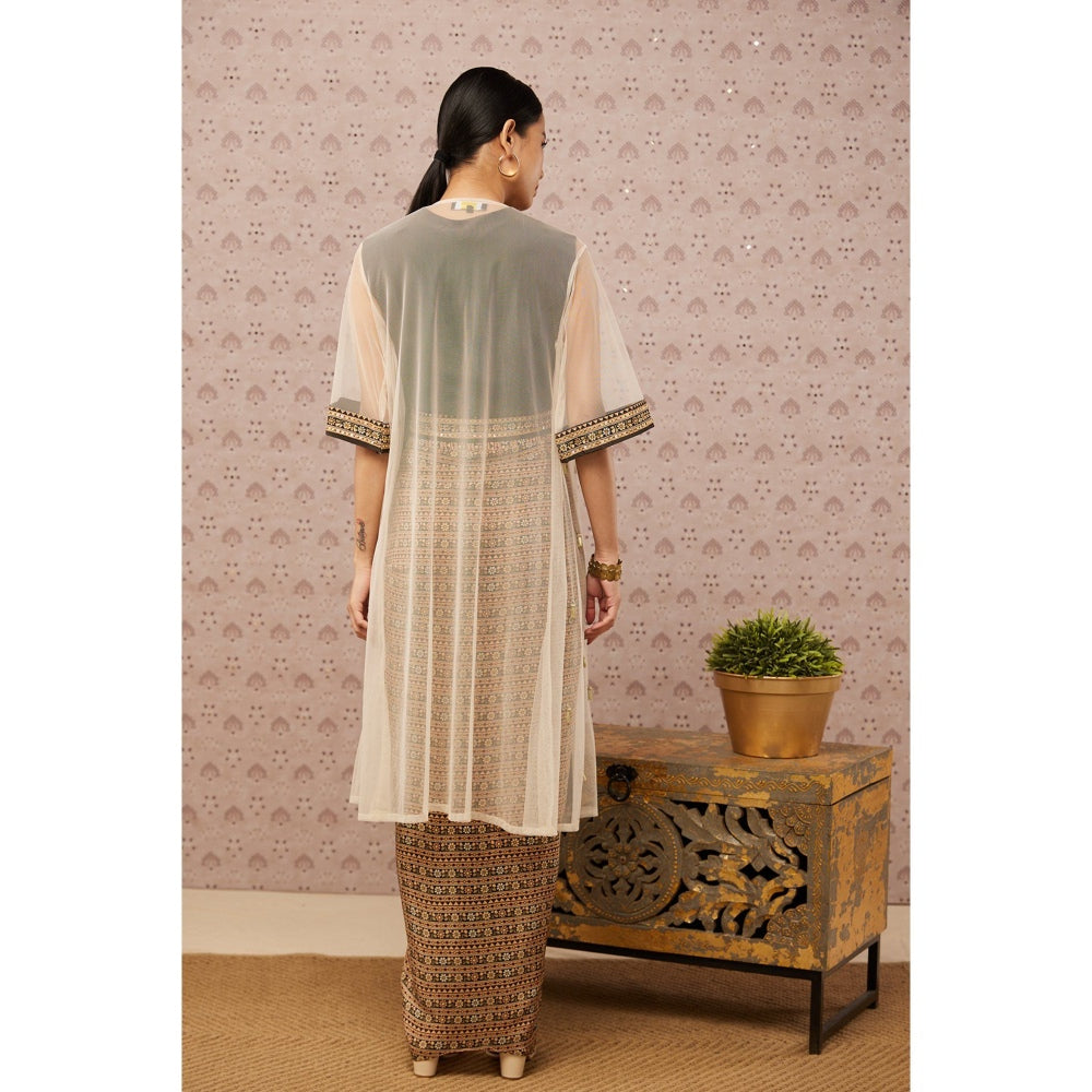 Soup by Sougat Paul Black & Multi Sarouk Floral Crop Top with Drape Skirt & Jacket (Set of 3)