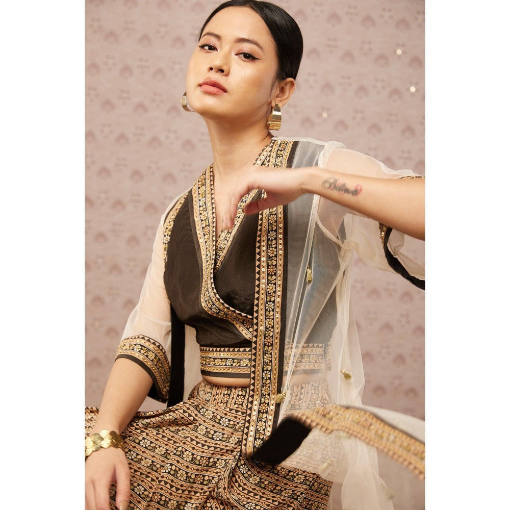 Soup by Sougat Paul Black & Multi Sarouk Floral Crop Top with Drape Skirt & Jacket (Set of 3)