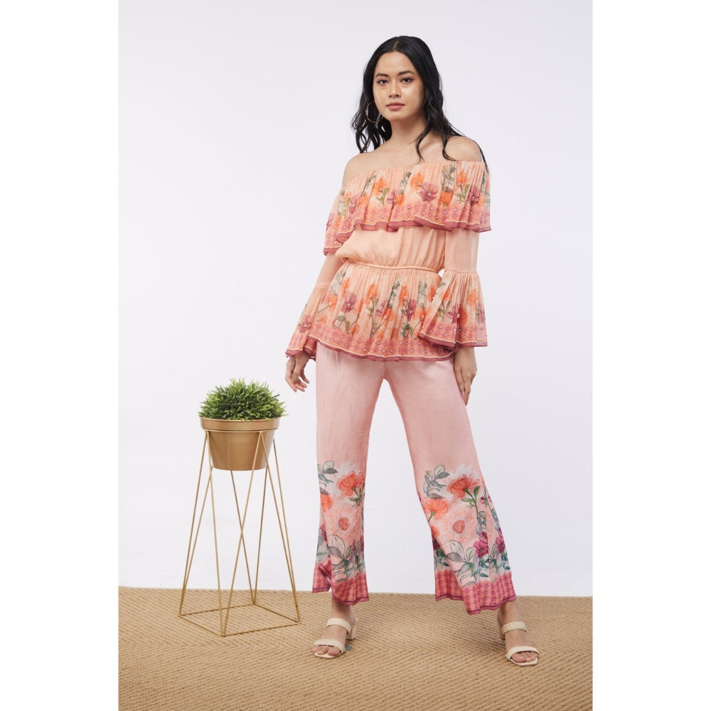 Soup by Sougat Paul Peach & Pink Blooming Floral Off Shoulder Top with Flared Pant (Set of 2)