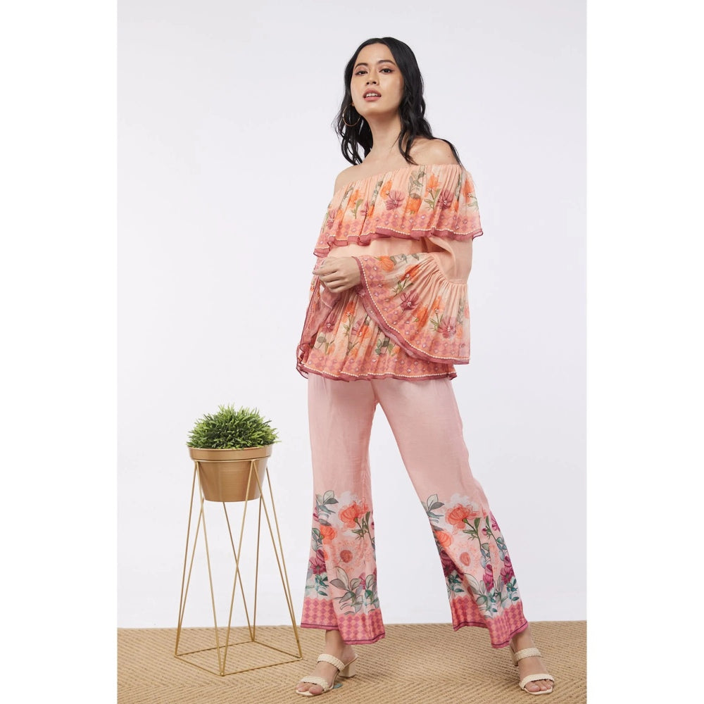 Soup by Sougat Paul Peach & Pink Blooming Floral Off Shoulder Top with Flared Pant (Set of 2)