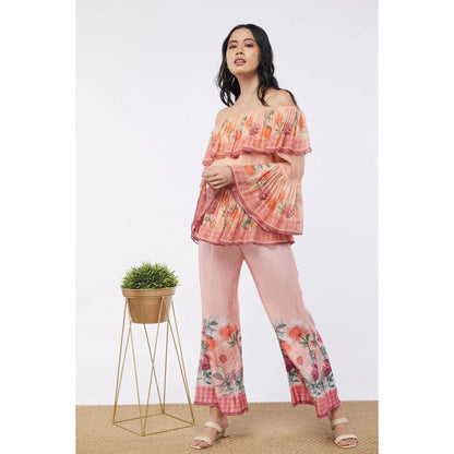 Soup by Sougat Paul Peach & Pink Blooming Floral Off Shoulder Top with Flared Pant (Set of 2)