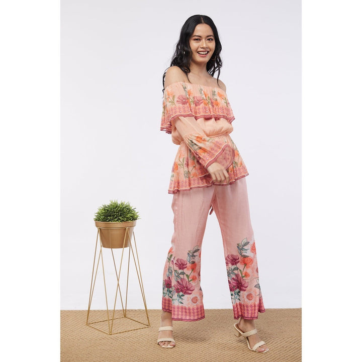 Soup by Sougat Paul Peach & Pink Blooming Floral Off Shoulder Top with Flared Pant (Set of 2)
