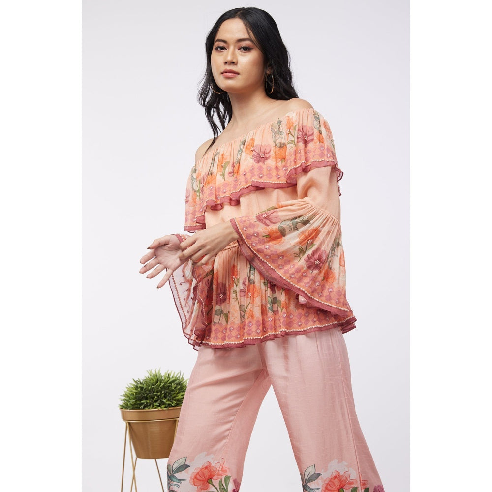 Soup by Sougat Paul Peach & Pink Blooming Floral Off Shoulder Top with Flared Pant (Set of 2)