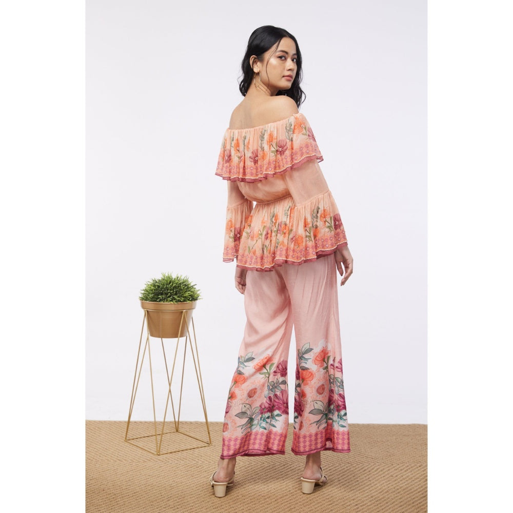 Soup by Sougat Paul Peach & Pink Blooming Floral Off Shoulder Top with Flared Pant (Set of 2)