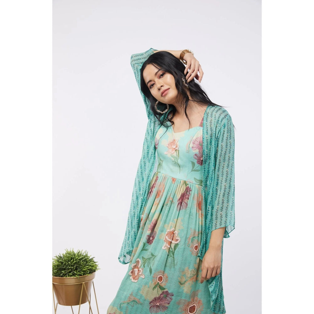 Soup by Sougat Paul Mint Blue Blooming Bud Floral Sharara (Set of 3)