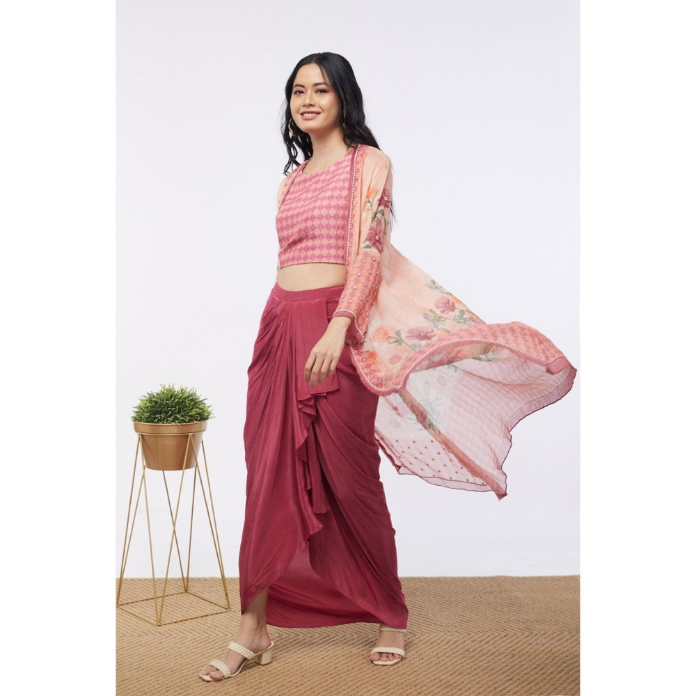 Soup by Sougat Paul Pink & Maroon Blooming Floral Crop Top with Skirt and Jacket (Set of 3)