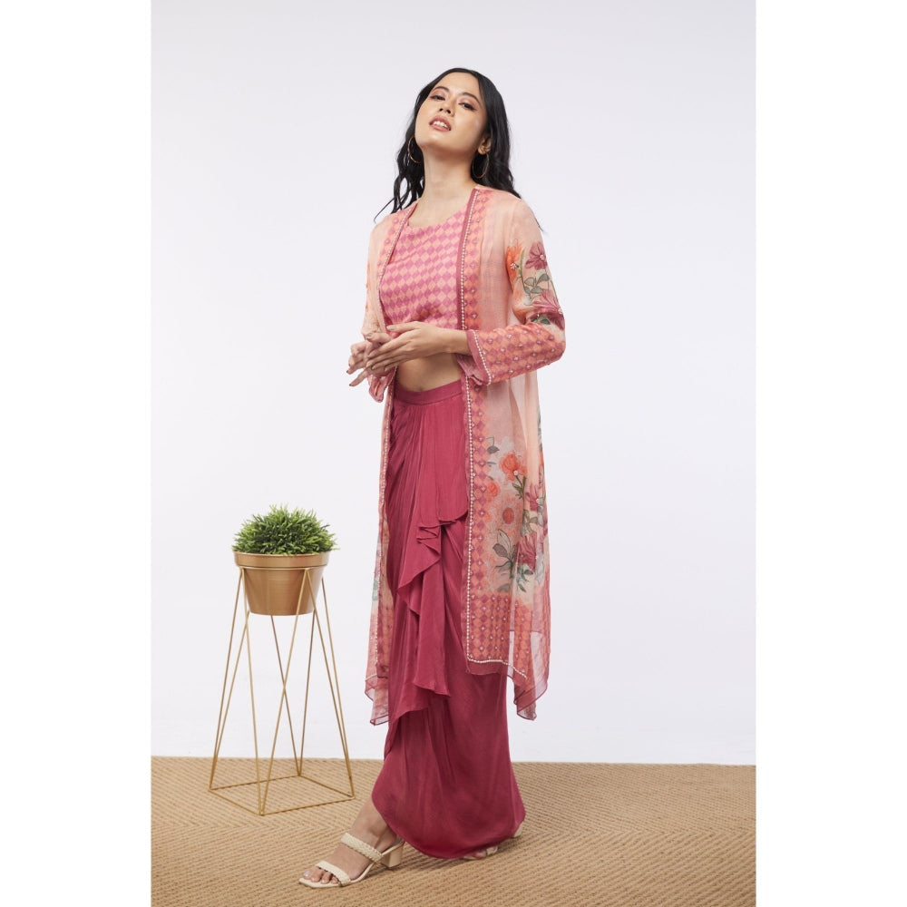 Soup by Sougat Paul Pink & Maroon Blooming Floral Crop Top with Skirt and Jacket (Set of 3)
