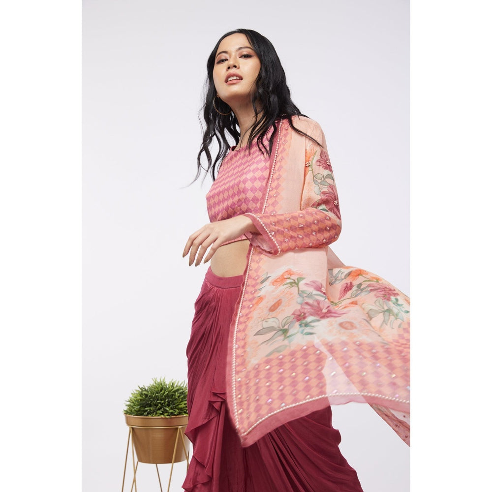 Soup by Sougat Paul Pink & Maroon Blooming Floral Crop Top with Skirt and Jacket (Set of 3)