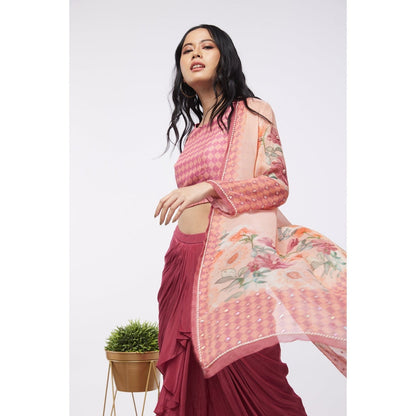 Soup by Sougat Paul Pink & Maroon Blooming Floral Crop Top with Skirt and Jacket (Set of 3)