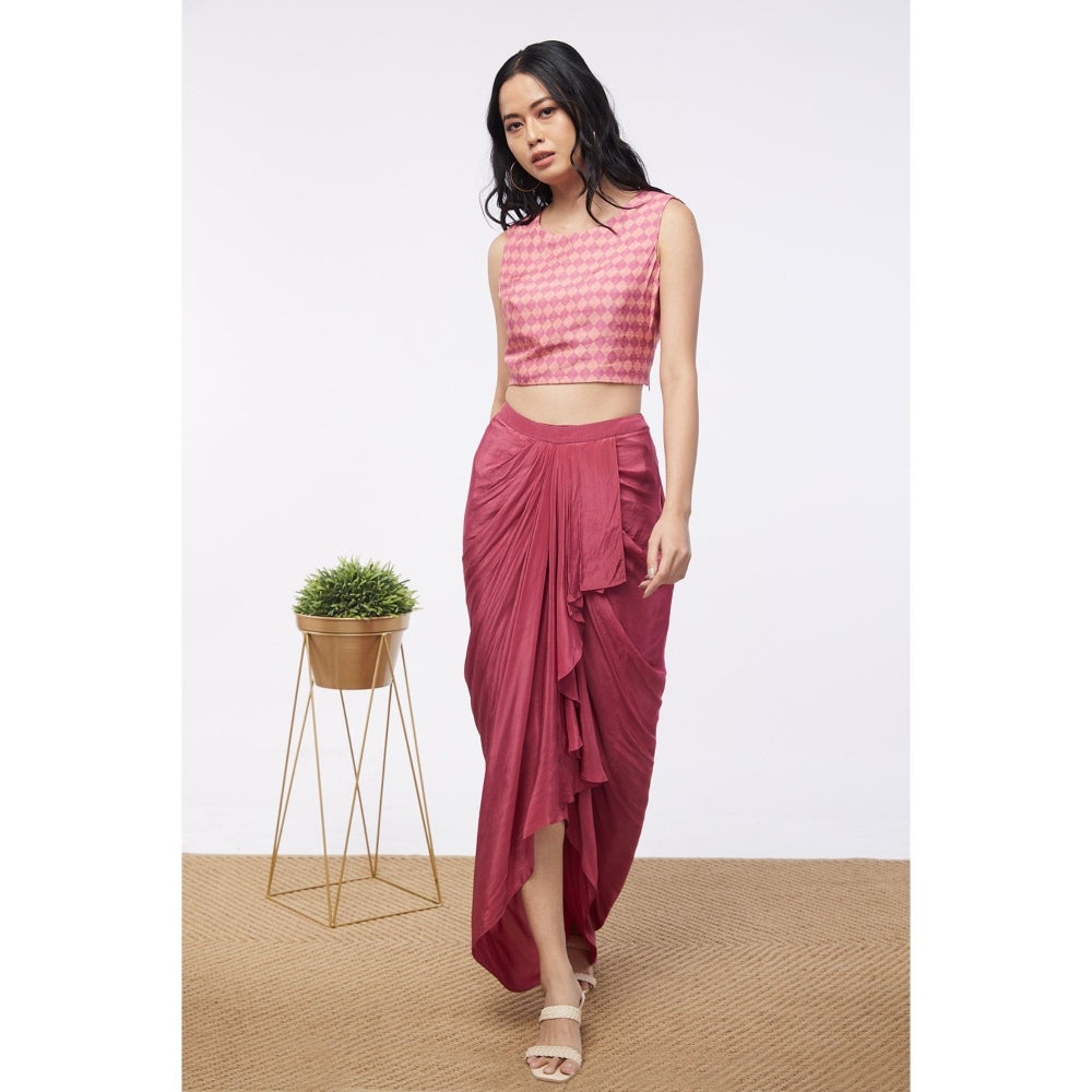 Soup by Sougat Paul Pink & Maroon Blooming Floral Crop Top with Skirt and Jacket (Set of 3)