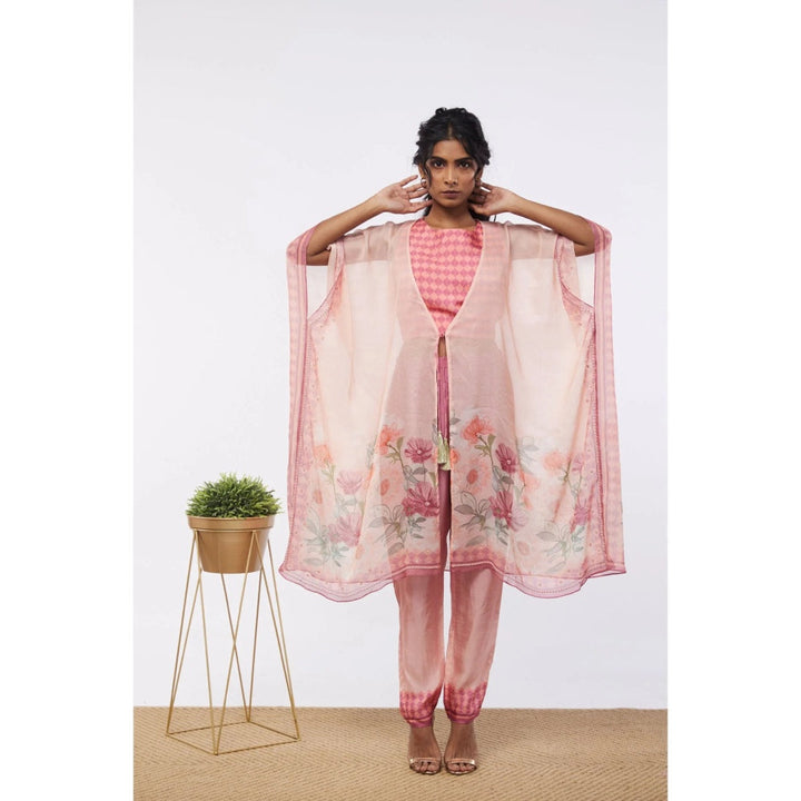 Soup by Sougat Paul Pink Blooming Floral Crop Top with Pant & Kaftan Style Jacket (Set of 3)