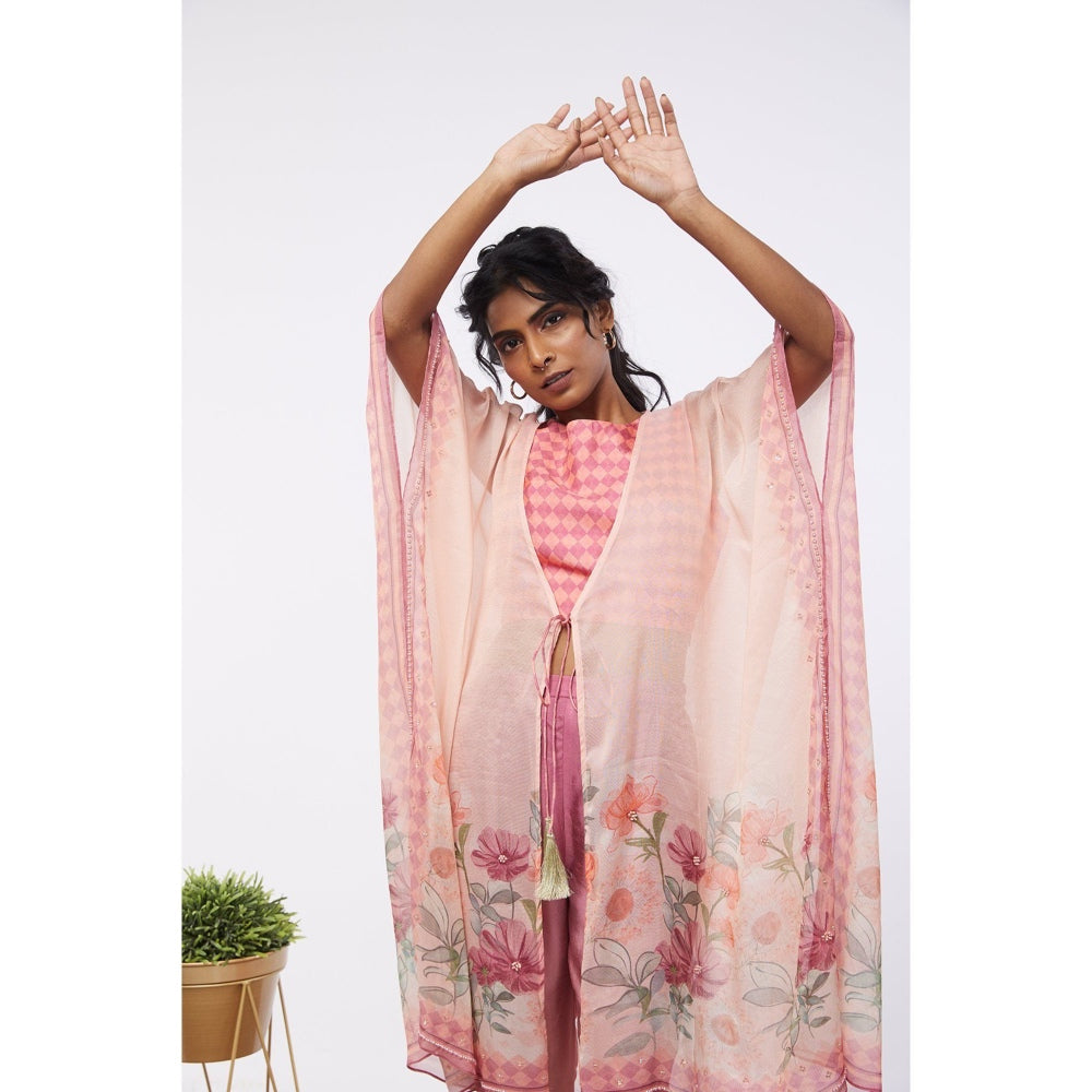 Soup by Sougat Paul Pink Blooming Floral Crop Top with Pant & Kaftan Style Jacket (Set of 3)