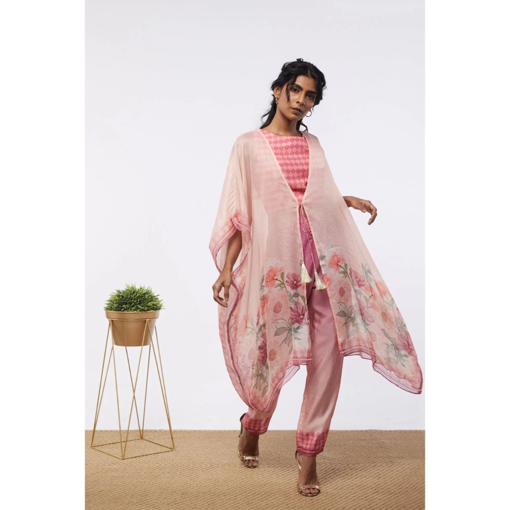 Soup by Sougat Paul Pink Blooming Floral Crop Top with Pant & Kaftan Style Jacket (Set of 3)