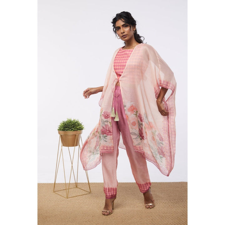 Soup by Sougat Paul Pink Blooming Floral Crop Top with Pant & Kaftan Style Jacket (Set of 3)