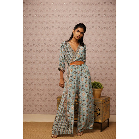 Soup by Sougat Paul Blue & Multi Sarouk Floral Overlap Jumpsuit with Belt (Set of 2)