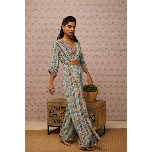 Soup by Sougat Paul Blue & Multi Sarouk Floral Overlap Jumpsuit with Belt (Set of 2)