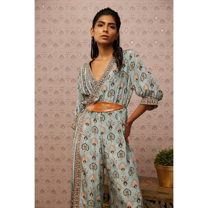 Soup by Sougat Paul Blue & Multi Sarouk Floral Overlap Jumpsuit with Belt (Set of 2)