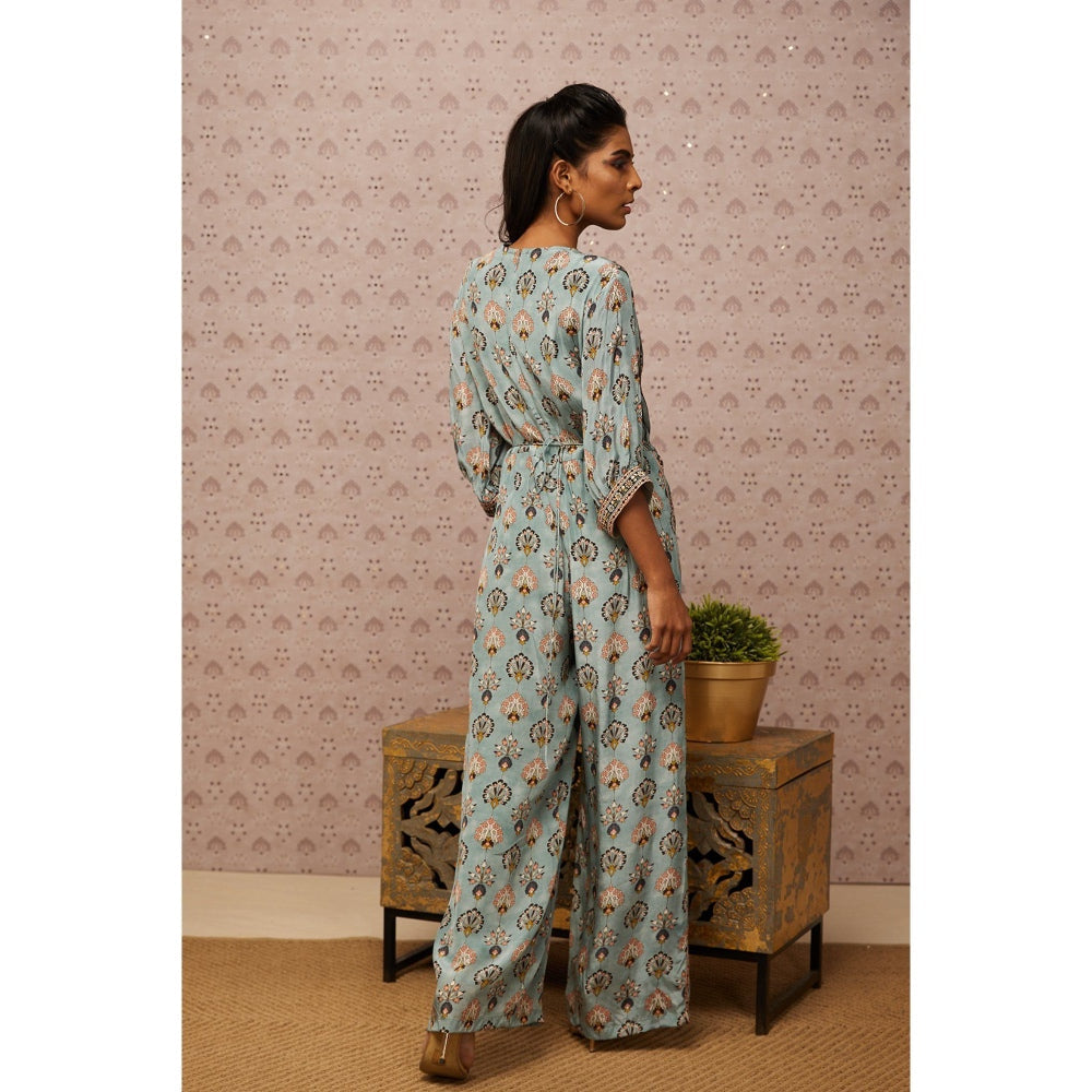 Soup by Sougat Paul Blue & Multi Sarouk Floral Overlap Jumpsuit with Belt (Set of 2)