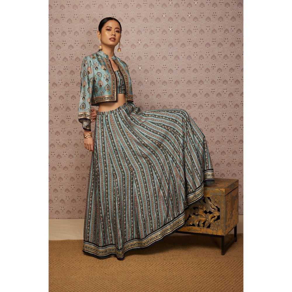 Soup by Sougat Paul Blue & Multi Sarouk Floral Lehenga with Crop Top and Jacket (Set of 3)