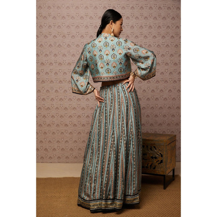 Soup by Sougat Paul Blue & Multi Sarouk Floral Lehenga with Crop Top and Jacket (Set of 3)