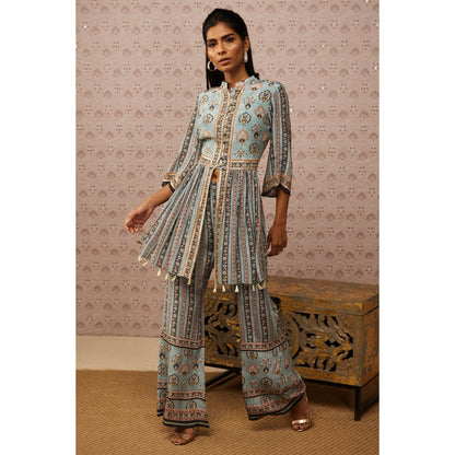 Soup by Sougat Paul Blue & Multi Sarouk Floral & Sequined Palazzo (Set of 2)