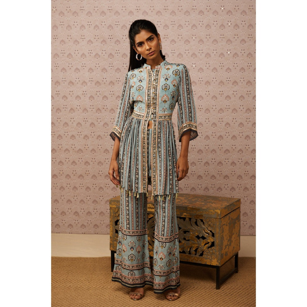 Soup by Sougat Paul Blue & Multi Sarouk Floral & Sequined Palazzo (Set of 2)