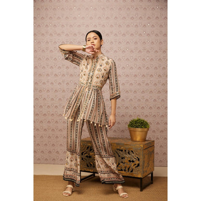 Soup by Sougat Paul Beige & Multi Sarouk Floral & Sequined Palazzo (Set of 2)