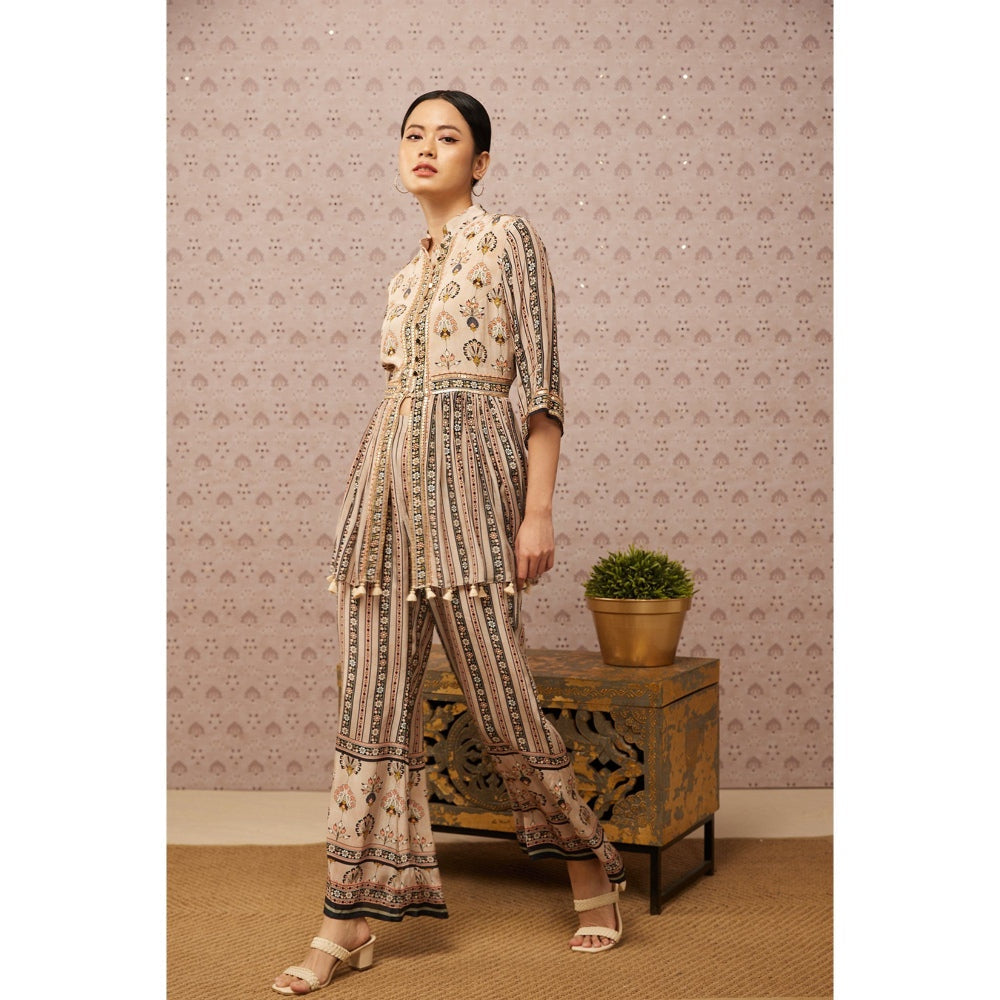 Soup by Sougat Paul Beige & Multi Sarouk Floral & Sequined Palazzo (Set of 2)
