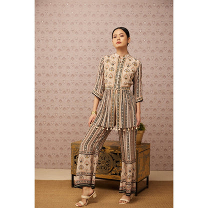 Soup by Sougat Paul Beige & Multi Sarouk Floral & Sequined Palazzo (Set of 2)