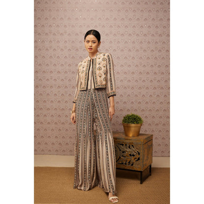 Soup by Sougat Paul Beige & Multi Sarouk Floral Jumpsuit with Jacket (Set of 2)