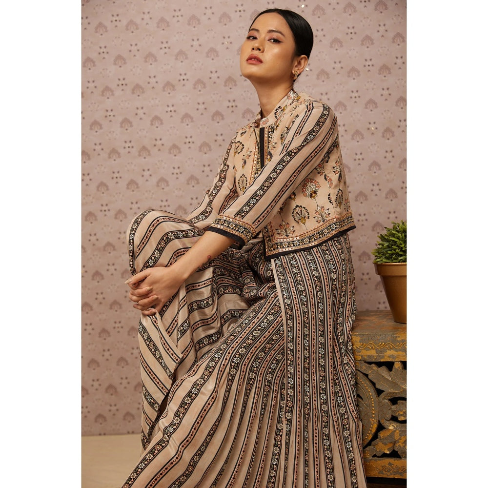 Soup by Sougat Paul Beige & Multi Sarouk Floral Jumpsuit with Jacket (Set of 2)